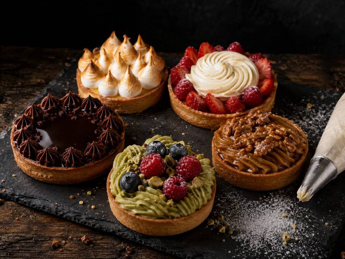 Fünf französische Tartelettes mit Schokolade, Baiser, Nüssen und Beeren, Kurs La pause gourmande
