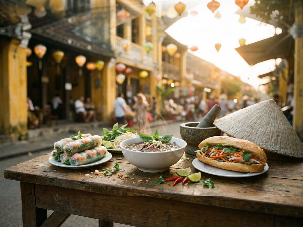 Vietnamesische Sommerrollen, Pho und Banh Mi auf einem Tisch in einer Lampionstraße, Kurs Miss Saigon