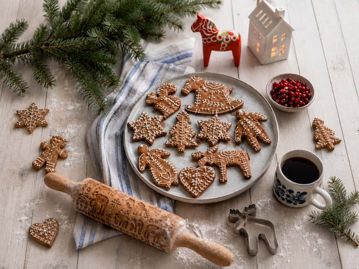 Skandinavische Lebkuchen mit gemustertem Nudelholz und rotem Dalapferd, Kurs Nordlichter auf dem Backblech
